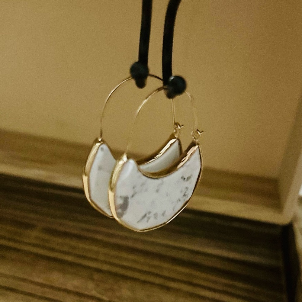 White Howlite Round Hoop Marble and gold Earrings Hoops by Minor Metal. - Picture 7 of 8